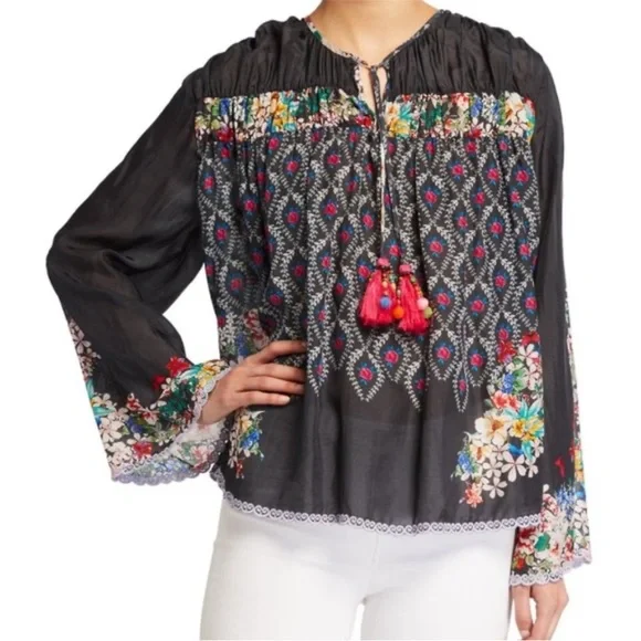 Johnny Was Martel Tassel-Tie Printed Silk Top xs small kimono black colorful - Picture 3 of 10